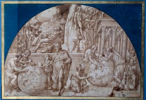 Astronomie-Allegorie. Wissenschaftler nehmen Messungen an Erdgloben vor. Zeichnung mit brauner Tinte von Pirro Ligorio (ca. 1500-1583) 16. Jahrhundert Paris, Louvre Museum