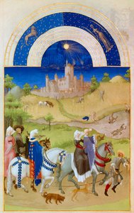 August: Herren spazieren durch die Felder, während die Bauern die Ernte einholen und baden. Im Hintergrund: das Schloss von Etampes. Miniatur in „Die sehr reichen Stunden des Herzogs von Berry“ von Pol De Limburg (15. Jahrhundert). Chantilly, Musée Condé von Pol de Limbourg