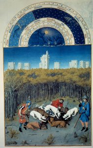 Dezember: Jagdszene. Im Hintergrund Ansicht von Vincennes von Pol de Limbourg