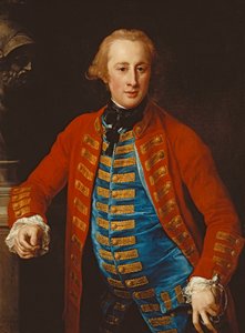 Porträt eines Kavallerieoffiziers in Ausgehuniform, Dreiviertellänge, an ein Podest mit einer Büste des Mars gelehnt, 1774