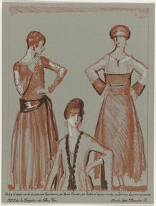 Gazette du Bon Ton, 1921 - Nr. 3, Pl. X: Nachmittagskleid und Kostüm von Paul Poiret, und Nachmittagskleid von Jeanne Lanvin von Porter Woodruff