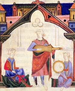 Fol.12v Musiker spielen Gitarre und Tamburin, aus dem Chansonnier des Nobles