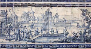 Szene am Ufer eines Flusses in Asien - Azulejos, bemalte Fayence von Portuguese School