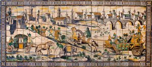 Singerie, die Hochzeit der Hühner - Fliesenpaneel, ca. 1665, von der alten Farm von Cadriceira, in Turcifal, Torres Vedras (Portugal) - Nationalmuseum der Azulejos, Lissabon (Portugal) von Portuguese School