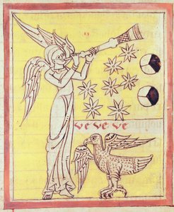 Der Engel, der die Trompete bläst, die sieben Sterne und der Adler des St. Johannes des Evangelisten, aus der Apokalypse des St. Jean de Lorvao von Portuguese School