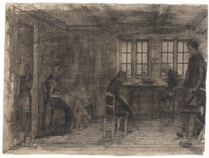Interieur aus einer Bauernstube mit fünf Personen von Poul S. Christiansen