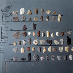 Prähistorisch, Kultur von Pontiniano: Steine und Feuerstein (Lithische Produktion) aus der Höhle von Moscerini, Latium. Steinzeit. Oberes Paläolithikum. Rom, Museo Nazionale Preistorico Etnografico Luigi Pigorini