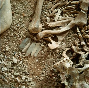 Vorgeschichte: Doppelte Bestattung von Erwachsenen und Kindern. Detailansicht des Grabbeigaben aus der Höhle Candid Arene (Finale Liguria), Ligurien. Mesolithikum, 7000-6000 v. Chr. Genua, Museo di Archeologia Ligure