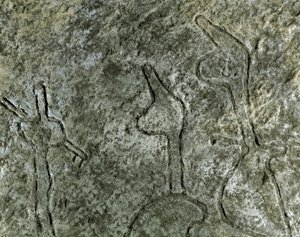 Vorgeschichte, Felskunst: Petroglyphe (Graffiti auf Stein) einer Jagdszene. Neolithikum, Steinzeit. (Aserbaidschan) Bronzezeit. Baku, Aserbaidschanisches Staatliches Religionsgeschichtliches Museum von Prehistoric Prehistoric