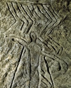 Prähistorisch, Felskunst: Petroglyph (Graffiti auf Stein) einer menschlichen Figur. Neolithikum, Steinzeit. (Aserbaidschan) Bronzezeit. Baku, Aserbaidschanisches Staatliches Religionsgeschichtliches Museum von Prehistoric Prehistoric