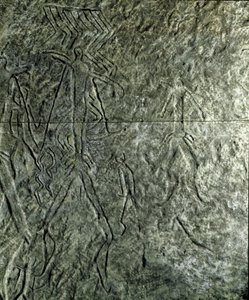 Prähistorie, Felskunst: Petroglyphen (Graffiti auf Stein) von menschlichen Figuren. Neolithikum, Steinzeit. (Aserbaidschan) Bronzezeit. Baku, Aserbaidschanisches Staatliches Religionsgeschichtliches Museum