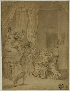 Der kleine Herkules erwürgt Schlangen in seiner Wiege (recto); Gekrönte Frau kniend in Landschaft und andere Skizzen (verso) von Prospero Fontana