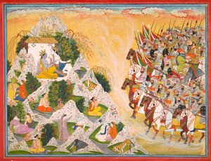Jarasandhas Armee rückt auf Krishna und Balarama vor, Folio aus einem Mahabharata, ca. 1800-1815 von Purkhu of Kangra