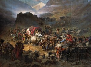 Die Bergsteiger verlassen das Aul vor dem Herannahen der russischen Armee, 1872