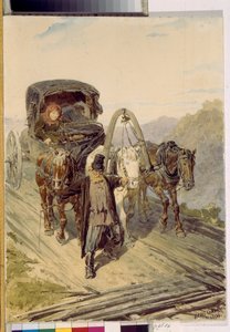Troika (russisches Gespann gezogen von drei Pferden) - Pyotr Petrowitsch Sokolow, Aquarell auf Papier