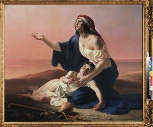 Hagar und Ismael in der Wüste. (Die ägyptische Dienerin Abrahams mit dem unehelichen Kind des Propheten, in die Wüste verbannt, als das Wasser knapp wird). Gemälde von Pyotr Stepanovich Petrovsky (1814-1842), Öl auf Leinwand von Pyotr Stepanovich Petrovsky