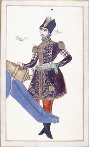 Porträt von Nasir al-Din Shah, Hand auf einer Kanone ruhend, ca. 1853-54 von Qajar School