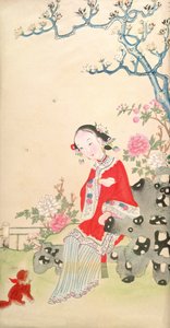 Mädchen auf einem rustikalen Felsenstuhl sitzend von Qing Dynasty Chinese School