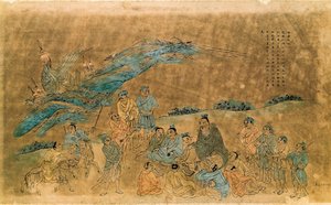 Der chinesische Philosoph Konfuzius (Kong Fu Zi) (551-479 v. Chr.) umgeben von seinen Schülern