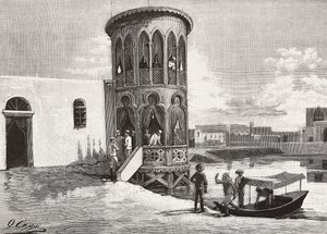Ein maurischer kleiner Turm, der den Club der italienischen Offiziere beherbergt, Massawa, Eritrea, Gravur nach einer Zeichnung von Quinto Cenni und einer Skizze von Pieragostini, aus L