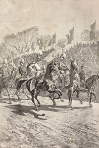 Stabschefs betreten den Paradeplatz, Feierlichkeiten zum Besuch des deutschen Kronprinzen (zukünftiger Friedrich III.) in Rom, Italien (Stich) von Quinto Cenni