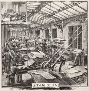 Druckerei im Verlagshaus Fratelli Treves, Mailand, Italien, Gravur nach Zeichnung von Quinto Cenni, aus L