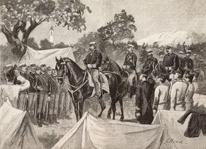 Umberto I. (1844-1900), König von Italien, mit einigen Offizieren, besucht Militärlager, 11. September