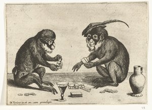 Zwei Affen spielen Karten (Verschiedene Szenen aus dem menschlichen Leben dargestellt durch Affen) (Das Affenspiel in der Welt) von Quirin Boel