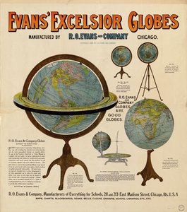 Werbeplakat für Globen mit Darstellungen von 5 Globen und etwas beschreibendem Text von R. O. Evans And Company