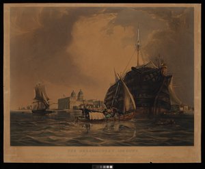 Die Dreadnought 104 Kanonen, Hospitalschiff für Seeleute aller Nationen, vor Anker in der Themse vor Greenwich, 20. Juni 1831 von R. W. Price