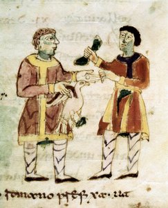 Der Hühnerhändler aus einem Manuskript „De Universo“ (oder De rerum naturis) von Rabanus Maurus or Mauro Rabano Magnentius