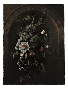 Ein Bündel Trauben, Stockrosen, Schwertlilien, Malven, Afrikanische Ringelblumen, Clematis, eine Rosskastanie und Brombeeren mit Schmetterlingen und anderen Insekten vor einem Steinbogen von Rachel Ruysch