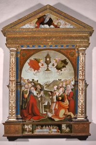 Altarbild der Anbetung des Allerheiligsten Sakraments, in der Predella: Das letzte Abendmahl, Heiliger Sebastian und Heiliger Rochus von Raffaele De (fl.1514 1573) Pancalino