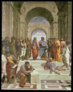 Die Schule von Athen, Detail (Platon, Aristoteles, Michelangelo als Heraklit und Diogenes) von Raffaello Sanzio Raphael