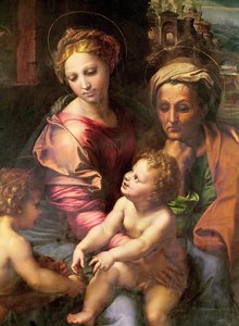 Die Heilige Familie (oder Die Perle), Detail: die Jungfrau, Heilige Elisabeth und das Kind, ca. 1518