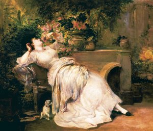 Frau im Garten. Gemälde von Ramon Marti i Alsina (1826-1894), 2. Hälfte des 19. Jahrhunderts