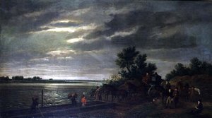 Eine Kutsche und Pferde, die nachts in Holland auf der Leck in eine Fähre einsteigen