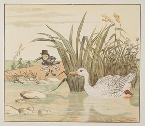 Eine schneeweiße Ente kam und verschlang ihn, aus dem Hey Diddle Diddle Bilderbuch, veröffentlicht 1882 (Farbstich)
