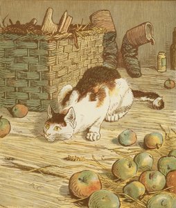 Das Haus, das Jack gebaut hat. Kumulative Kinderreime. Die Katze, die die Ratte gefressen hat, die das Malz gefressen hat. Illustration von Randolph Caldecott.