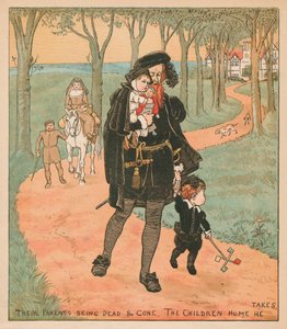 Ihre Eltern sind tot und fort, die Kinder nimmt er nach Hause, ca. 1878 von Randolph Caldecott
