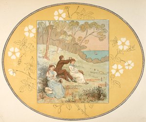 Zwei Frauen und ein Mann sitzen in einer Lichtung nahe der Küste. Floraler Rand.