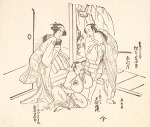 Szene aus einem Drama: Matsumoto Koshiro I und zwei andere Schauspieler von Ranshu