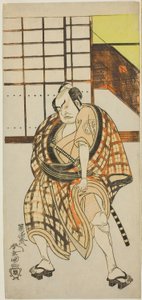 Der Schauspieler Nakamura Sukegoro II als Sasano Sangobei im zweiten Teil des Stücks Iro Moyo Aoyagi Soga (Grüne Weide Soga des erotischen Designs), aufgeführt im Nakamura-Theater im zweiten Monat, 1775