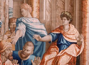 Flandrischer Wandteppich. Serie Taten der Apostel. Elymas wird blind. Siebter Wandteppich in der Serie. Modellzeichnung von Rafael Sanzio. Herstellung Jan Raes II, Brüssel. Ca. 1605-1629. von Raphael