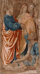 Flandrischer Wandteppich. Serie Taten der Apostel. Das Wunder des Lahmen. Dritter Wandteppich in der Serie. Modellzeichnung von Rafael Sanzio. Herstellung Jan Raes II, Brüssel. Ca. 1605-1629.