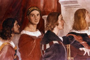 Detail von Raphael (Mitte, nach vorne blickend) aus der Messe von Bolsena. 1514. Fresko von Raphael (1483-1520) von Raphael (1483 1520)