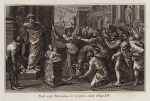 Raphael-Karton: Paulus und Barnabas in Lystra, Apostelgeschichte, Kapitel XIV (Gravur) von after Raphael