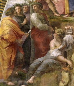 Der Parnass. Detail. Fresko in der Stanza della Segnatura, ca. 1510-1511 von Raphael