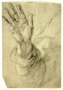 Erhobene rechte Hand, mit nach außen gerichteter Handfläche: Studie für den heiligen Petrus, 1518-20