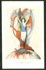 Postkarte, Farbsatire: Für Recht und Freiheit - Krieg von 14-18, Alliierte, Flaggen - Adler Illustration von Kirchner (1876-1917)